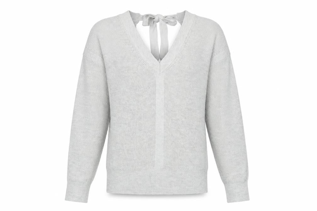 Front view of Next women’s silver v-neck nylon jumper, size UK 8