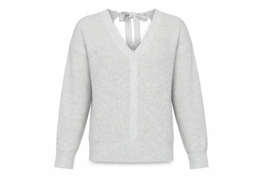 Front view of Next women’s silver v-neck nylon jumper, size UK 8