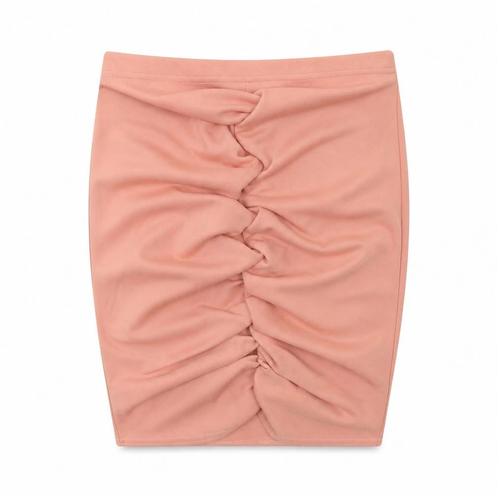 Front view of Boohoo women’s pink polyester bandage skirt, size UK 8