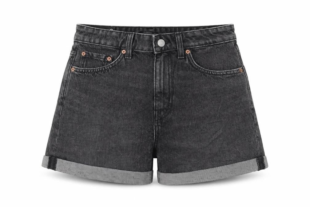 Front view of Weekday women’s grey 100% cotton basic shorts, size UK 8, regular zip