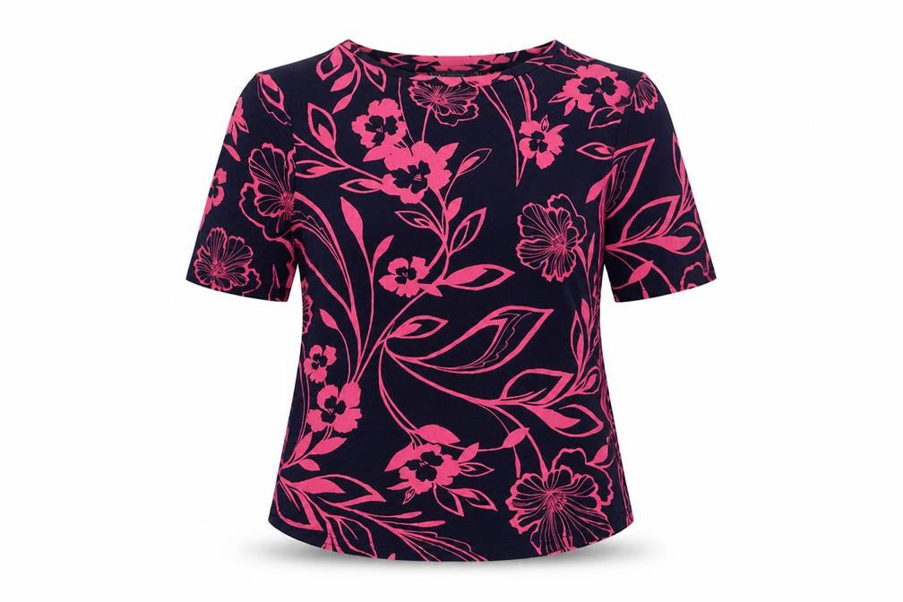 Marks and Spencer Womens Blue Floral Viscose Basic T-Shirt Size 10 Round Neck
