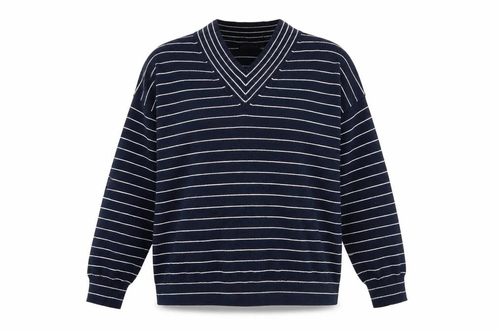 Front view of Marks & Spencer women’s blue v-neck striped viscose jumper, size M
