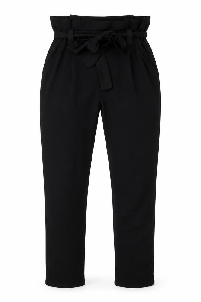 Front view of Select women’s black polyester trousers, size UK 8, regular tie