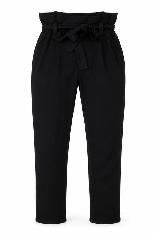 Front view of Select women’s black polyester trousers, size UK 8, regular tie