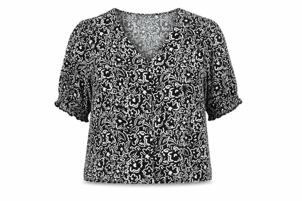Front view of New Look women’s black floral viscose basic button-up, size UK 14, v-neck