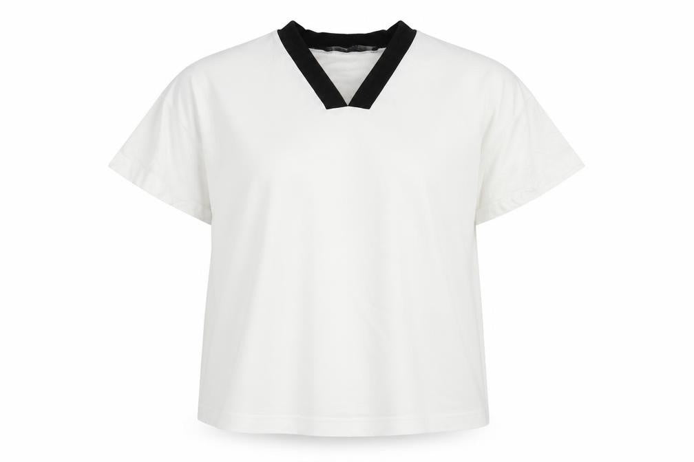 Front view of French Connection women’s white lyocell basic blouse, size L, v-neck