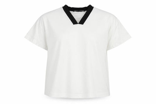 Front view of French Connection women’s white lyocell basic blouse, size L, v-neck
