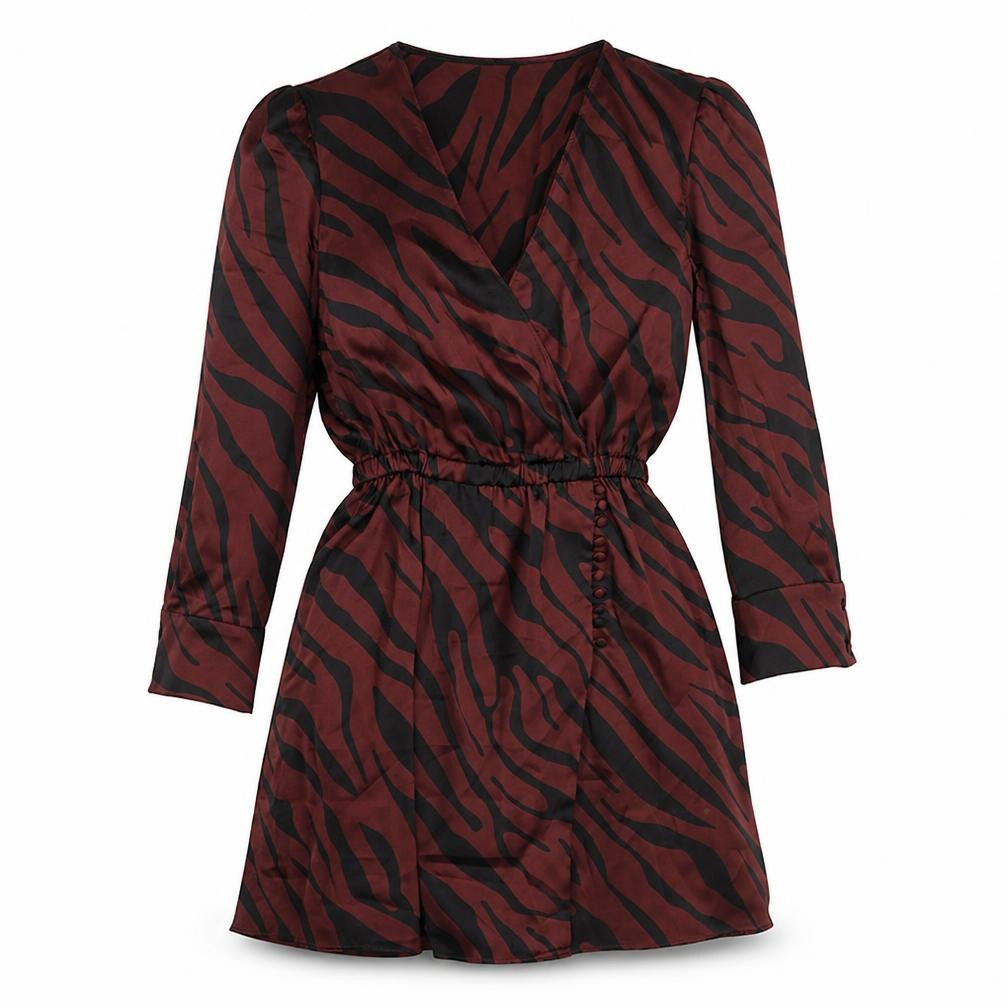 Front view of Zara women’s red animal print polyester mini, size S, v-neck button - elastic waist