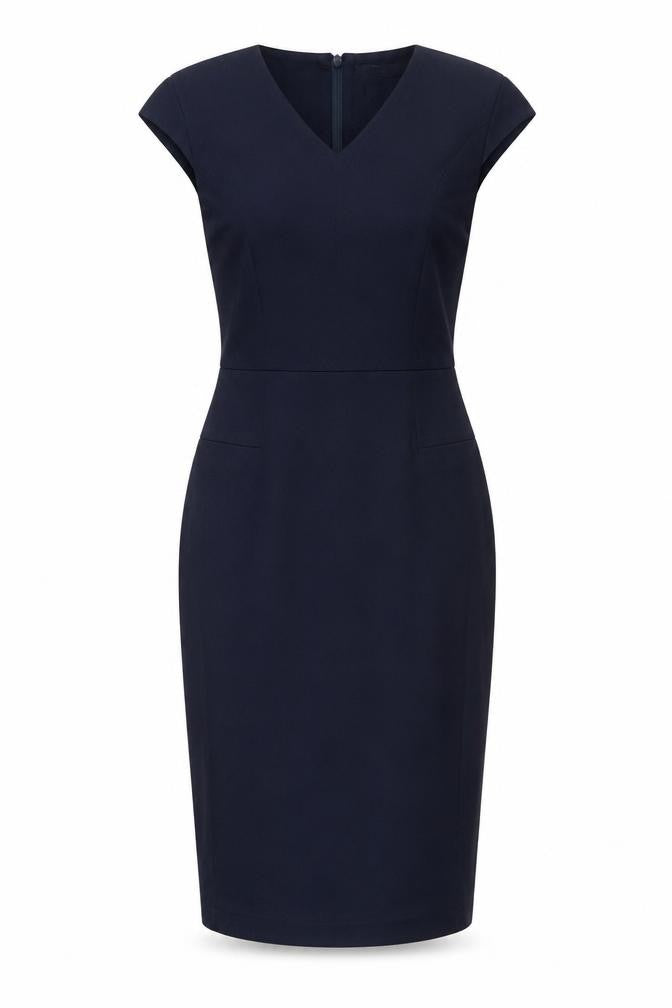 Front view of Next women’s blue polyester pencil dress, size UK 10, v-neck zip