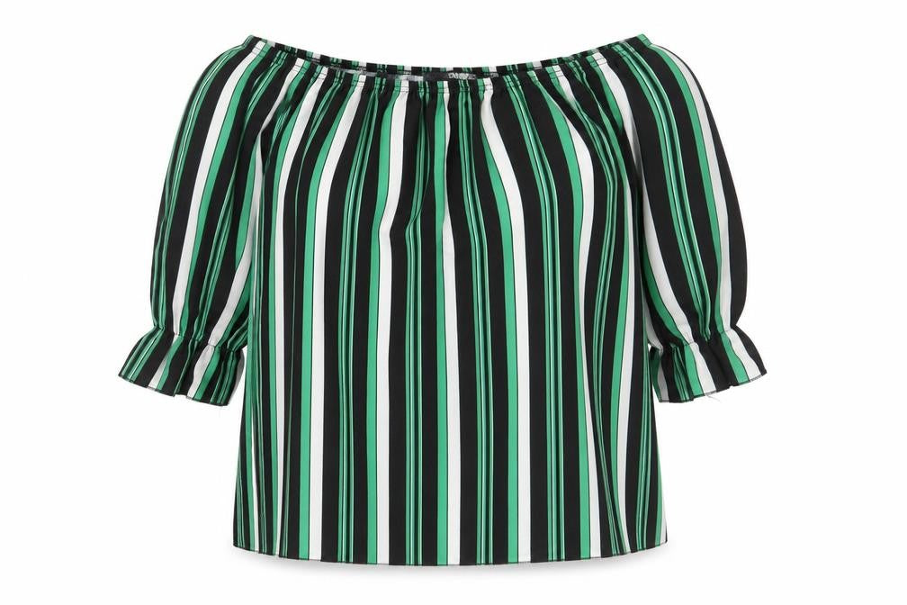 Front view of Quiz women’s green striped polyester basic blouse, size UK 8, boat neck