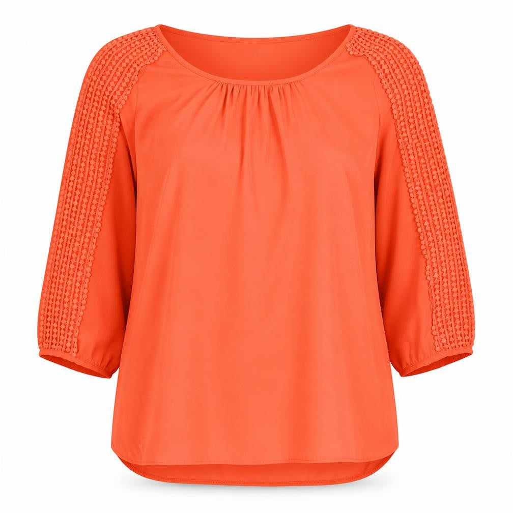 Front view of Marina Kaneva women’s red polyester basic t-shirt, size UK 14, round neck