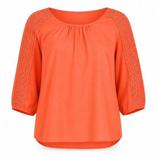 Front view of Marina Kaneva women’s red polyester basic t-shirt, size UK 14, round neck