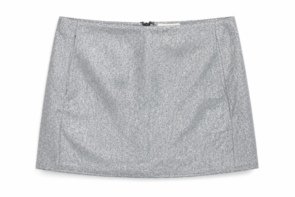 Front view of Pins & Needles women’s silver polyester a-line skirt, size S, zip