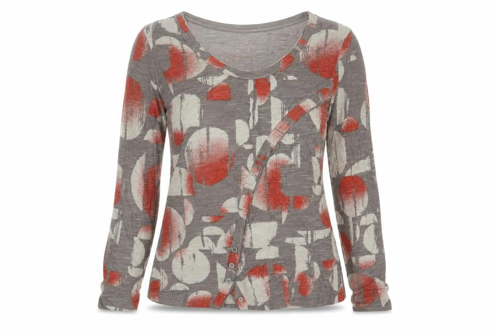 Front view of Sandwich women’s brown geometric viscose basic blouse, size XL, round neck