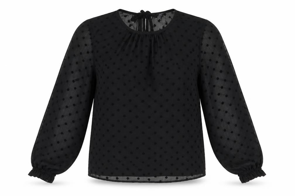 Front view of Marks & Spencer women’s black polka dot polyester basic blouse, size UK 8, round neck
