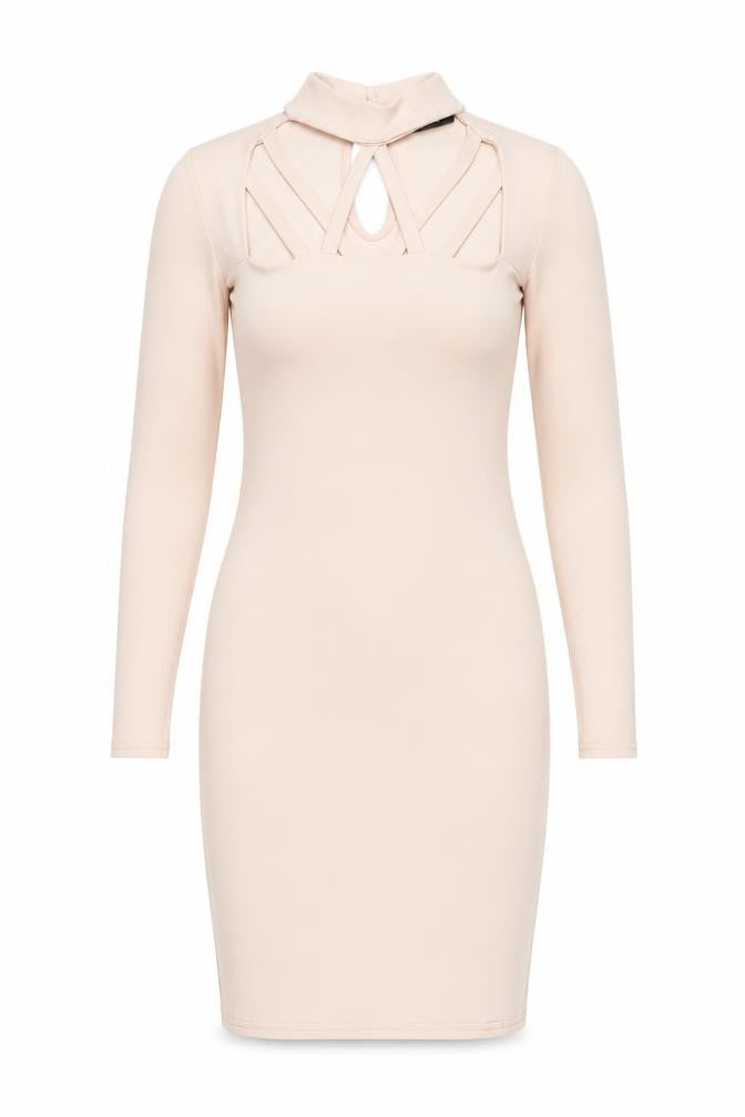 Front view of IX LONDON women’s pink polyester bodycon, size UK 8, round neck button
