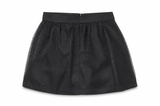 Front view of Pure Oxygen women’s black geometric polyester skater skirt, size UK 32, in zip