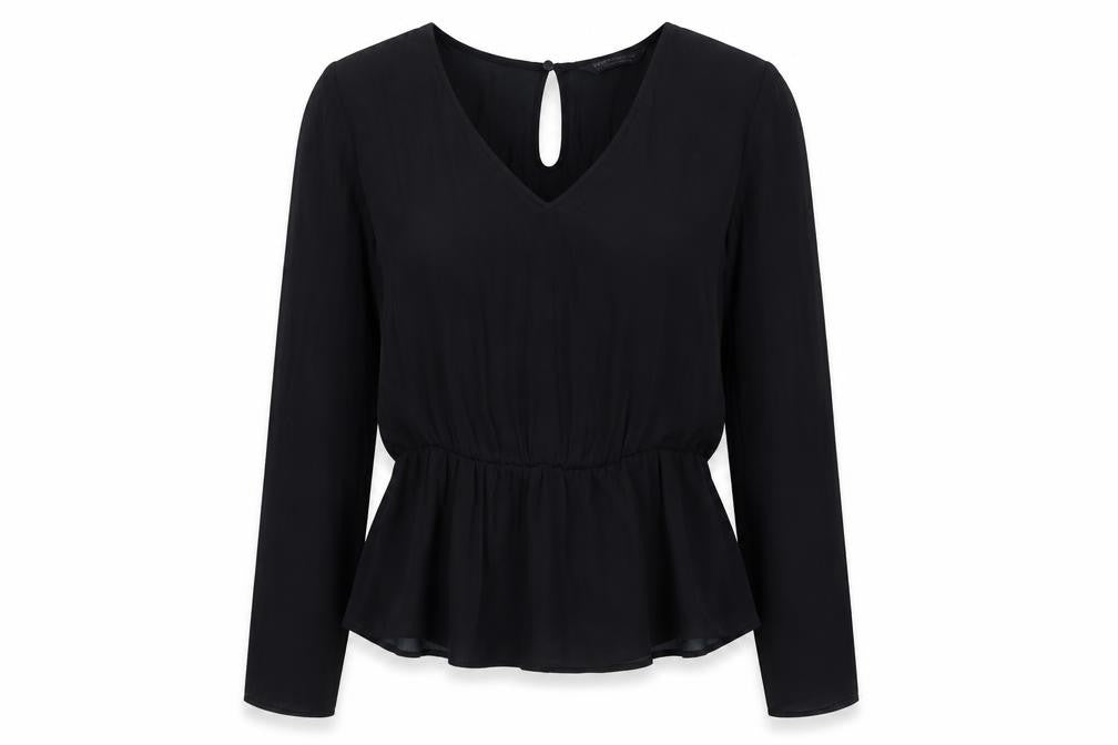Front view of Marks & Spencer women’s black polyester basic blouse, size UK 8, v-neck