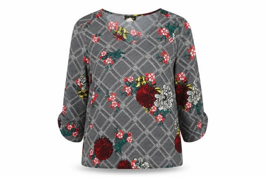 Front view of Ambria women’s multicoloured geometric polyester basic blouse, size UK 12, round neck