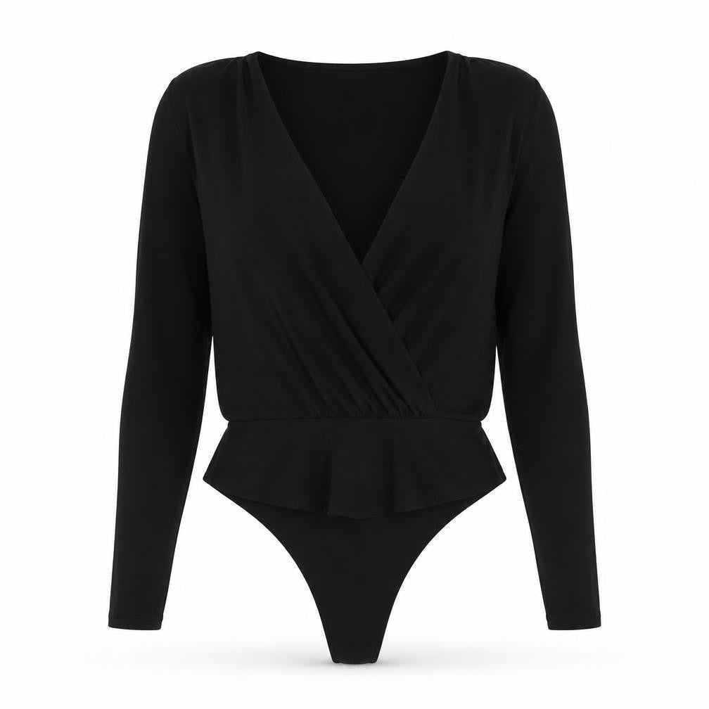 Front view of PRETTYLITTLETHING women’s black polyester bodysuit one-piece, size UK 8, snap - wrap front