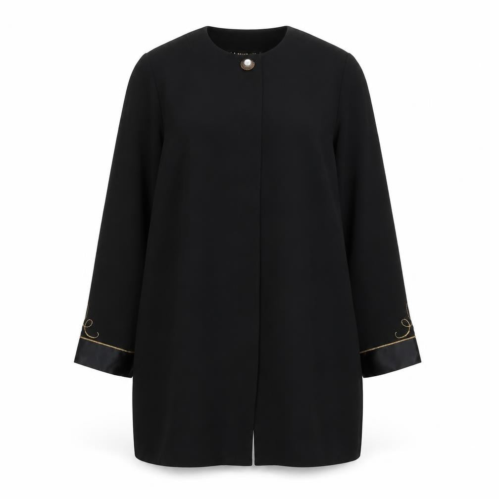Front view of Legacy women’s black overcoat coat, size UK 14, button