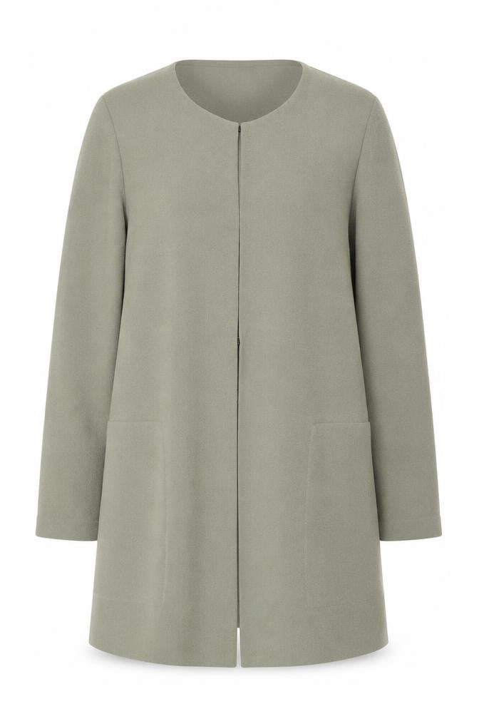 Front view of Marks & Spencer women’s green overcoat coat, size UK 14, hook & eye