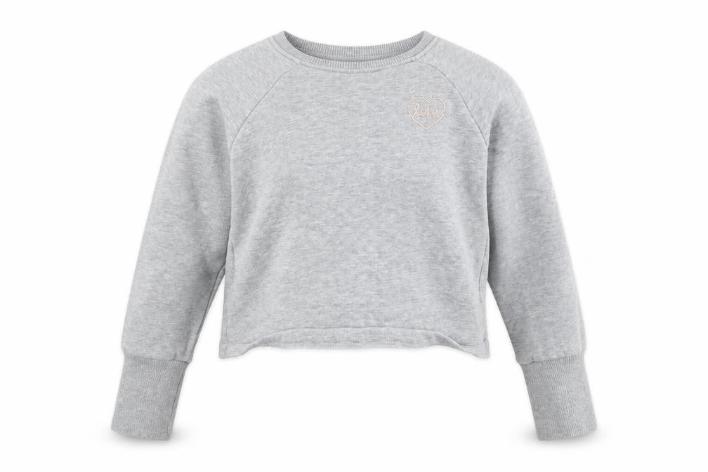 Front view of Next girls’ grey cotton pullover sweatshirt, size 8, years pullover - wrap back detail