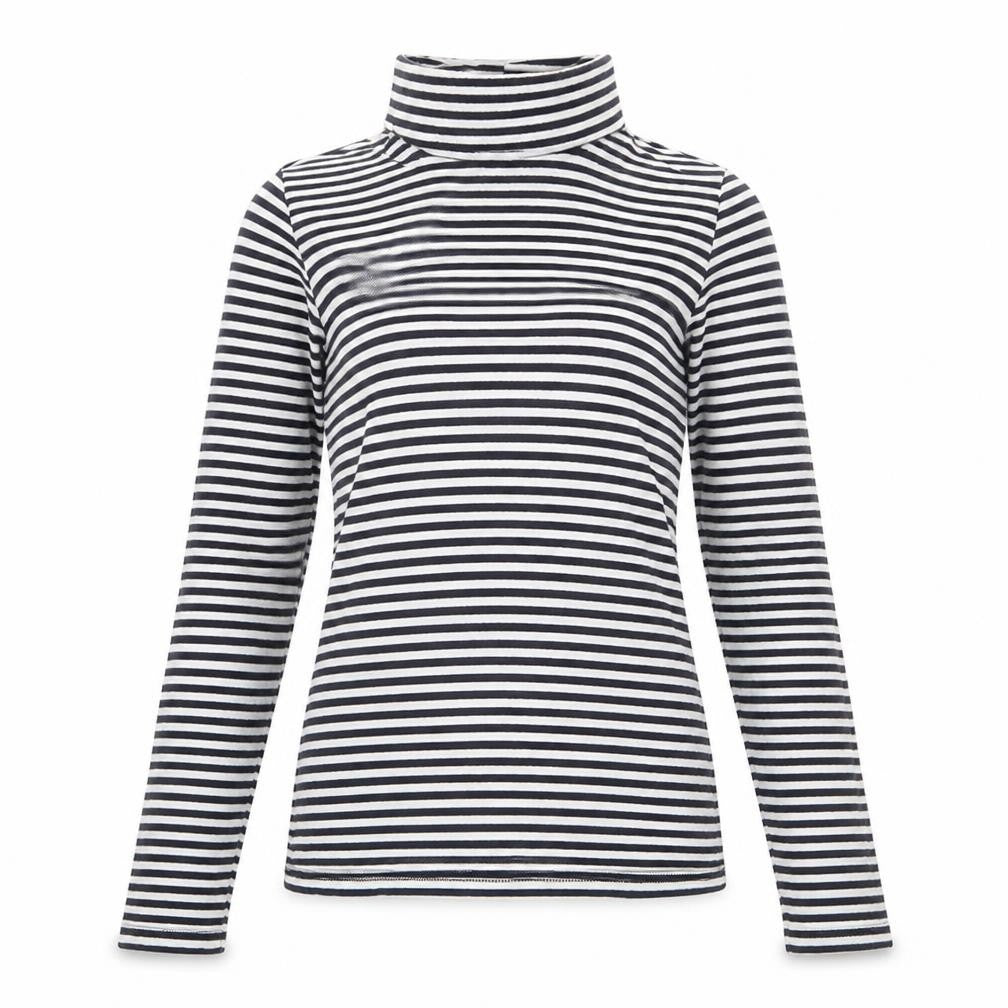 Front view of H&M women’s black striped viscose basic t-shirt, size S, roll neck