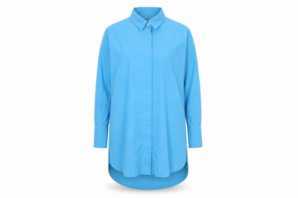 Front view of PRETTYLITTLETHING women’s blue polyester shirt dress, size UK 12, collared button
