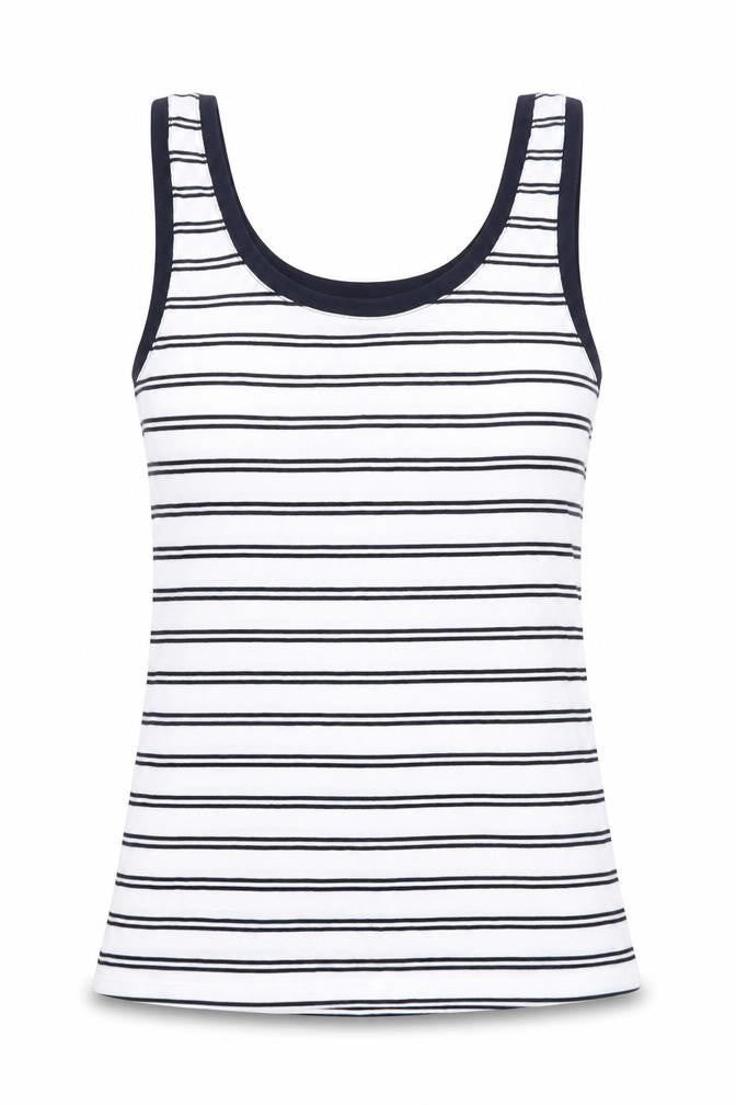 Front view of Marks & Spencer women’s white striped polyester basic tank, size UK 8, round neck