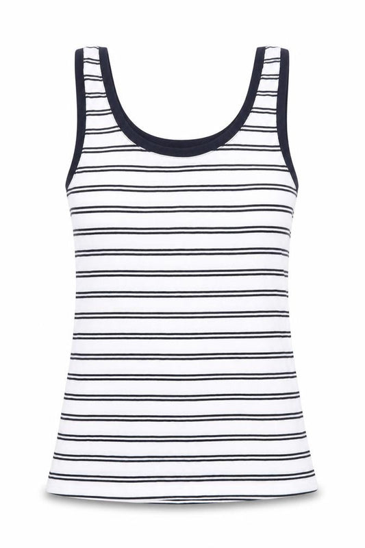 Front view of Marks & Spencer women’s white striped polyester basic tank, size UK 8, round neck