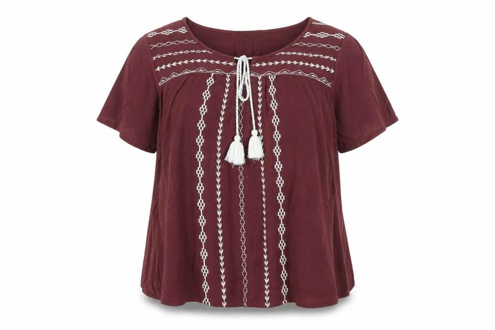 Front view of Debenhams women’s red geometric viscose basic blouse, size UK 10, round neck