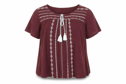 Front view of Debenhams women’s red geometric viscose basic blouse, size UK 10, round neck
