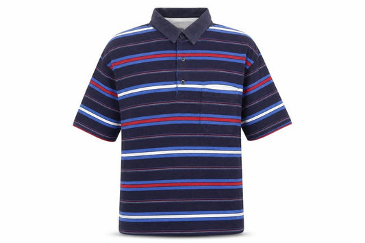 Front view of Casual Club men’s blue striped cotton polo, size L, collared button