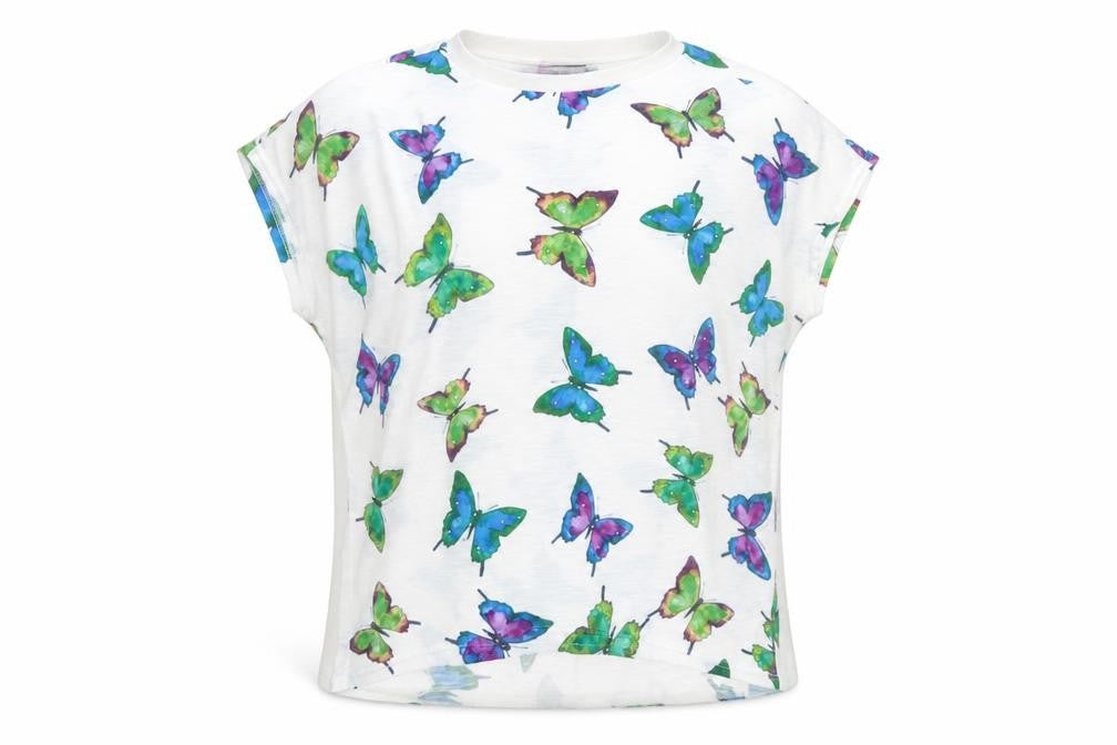Front view of Paramour women’s white geometric polyester basic t-shirt, size M, round neck - butterfly pattern