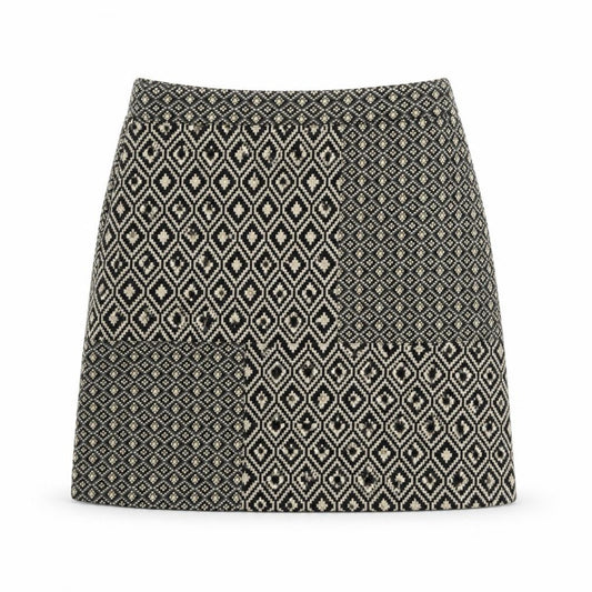Front view of Next women’s beige geometric polyester a-line skirt, size UK 10, zip