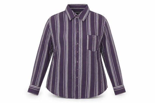 Front view of Marks & Spencer women’s purple striped cotton basic button-up, size UK 18, collared