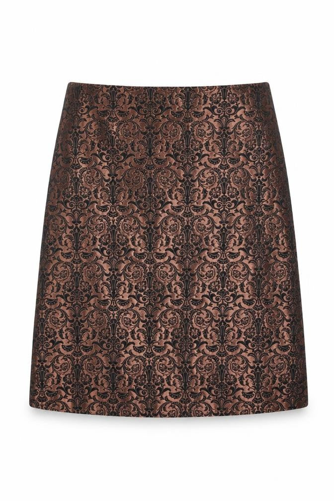 Front view of Marks & Spencer women’s brown geometric polyester a-line skirt, size UK 10, zip