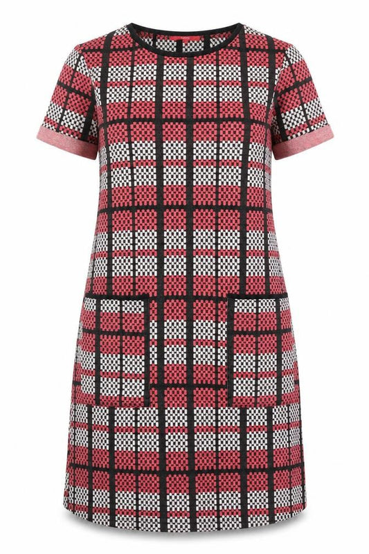 Front view of Next women’s pink plaid polyester a-line, size UK 14, round neck pullover