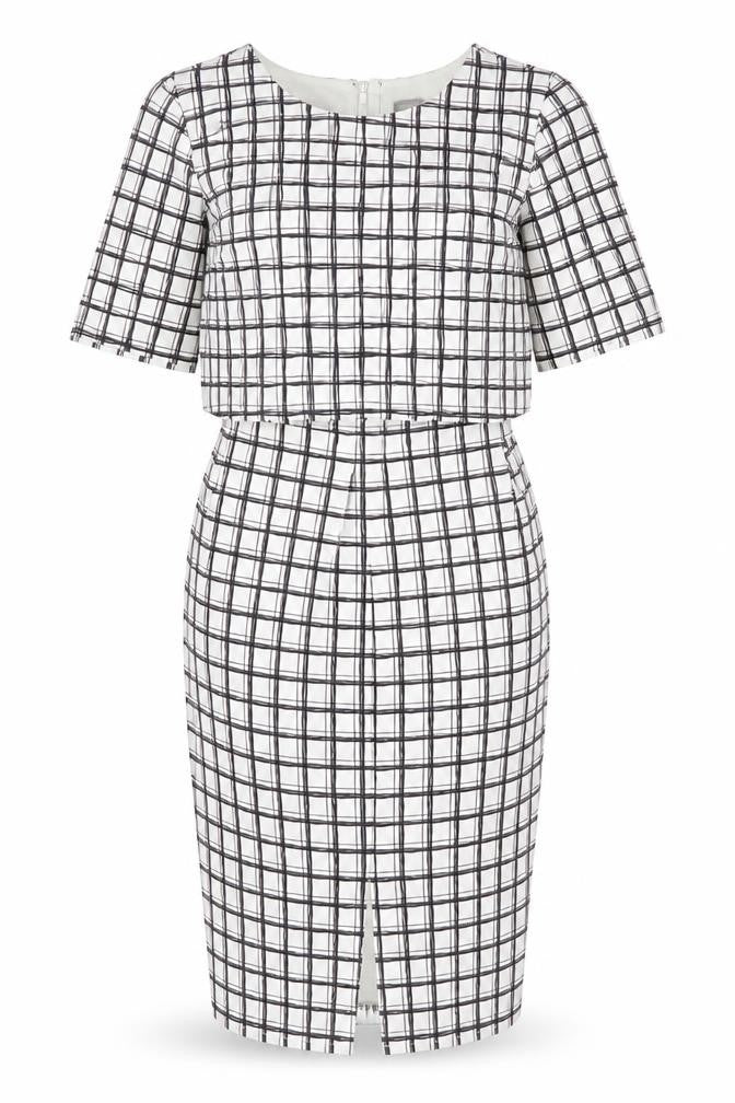 Front view of ASOS women’s white check polyester shift, size UK 12, round neck zip