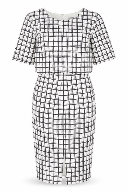 Front view of ASOS women’s white check polyester shift, size UK 12, round neck zip