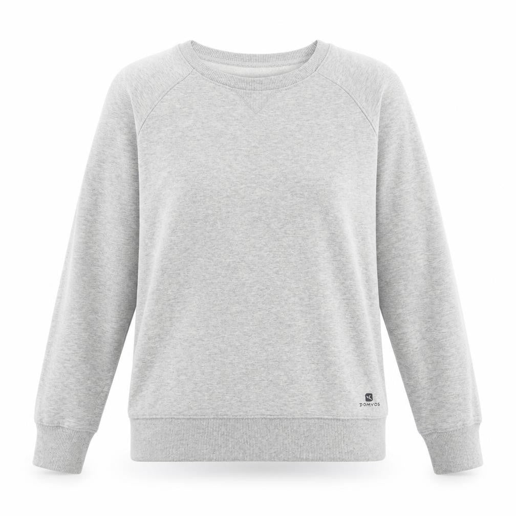 Front view of Decathlon women’s grey cotton pullover sweatshirt, size XS, pullover