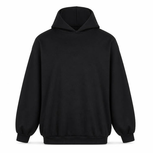 Front view of ASOS women’s black polyester pullover hoodie, size UK 10, pullover