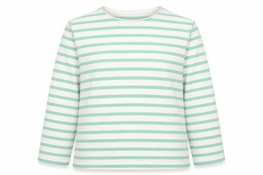 Front view of ASOS women’s white striped cotton pullover sweatshirt, size UK 10, pullover