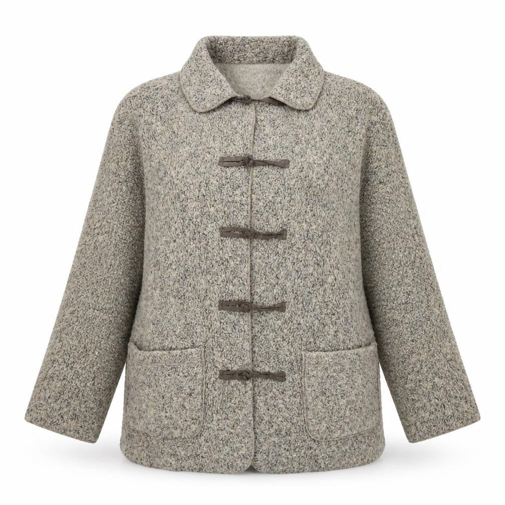 Front view of Liz Claiborne women’s beige jacket, size M, toggle
