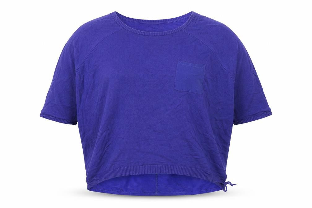 Front view of Marks & Spencer women’s blue viscose basic blouse, size M, round neck