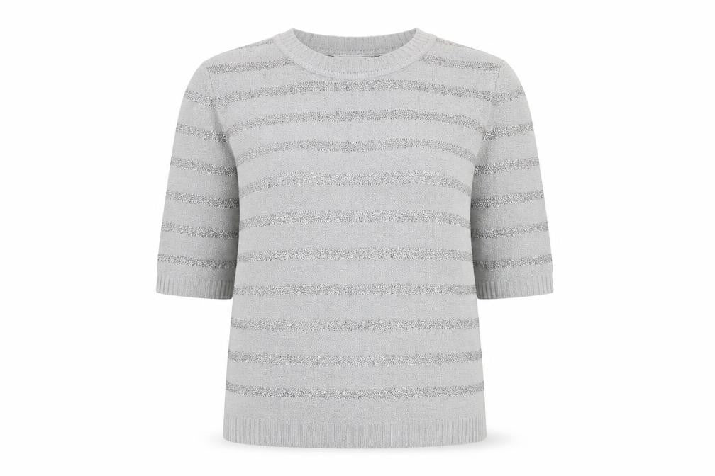 Front view of Fay Louise women’s grey round neck striped acrylic jumper, size L