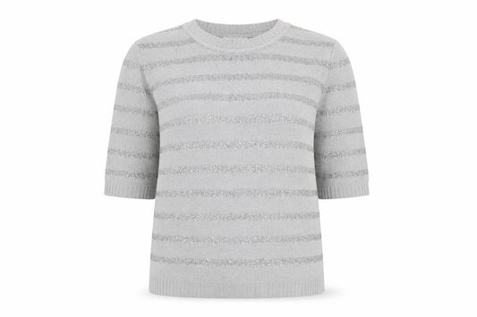 Front view of Fay Louise women’s grey round neck striped acrylic jumper, size L