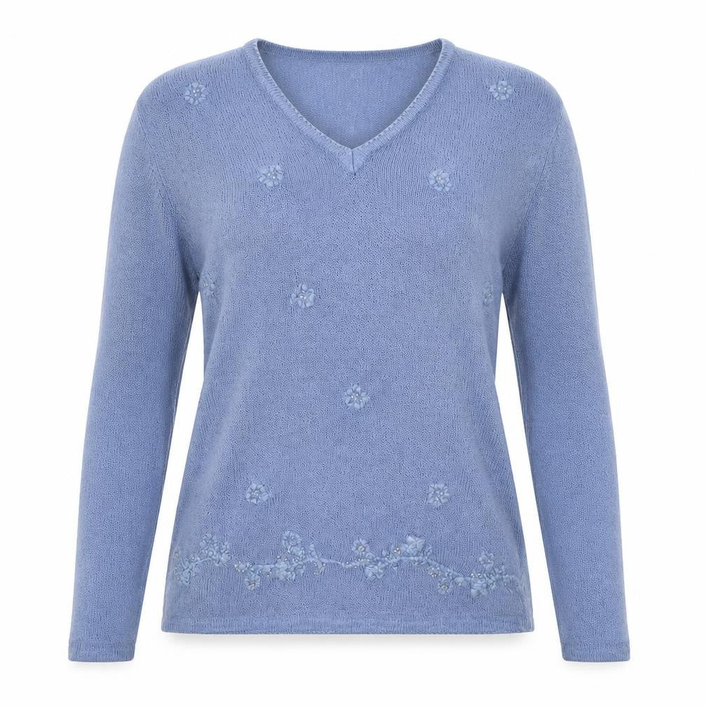 Front view of Bonmarché women’s blue v-neck acrylic jumper, size S, -, size S/m
