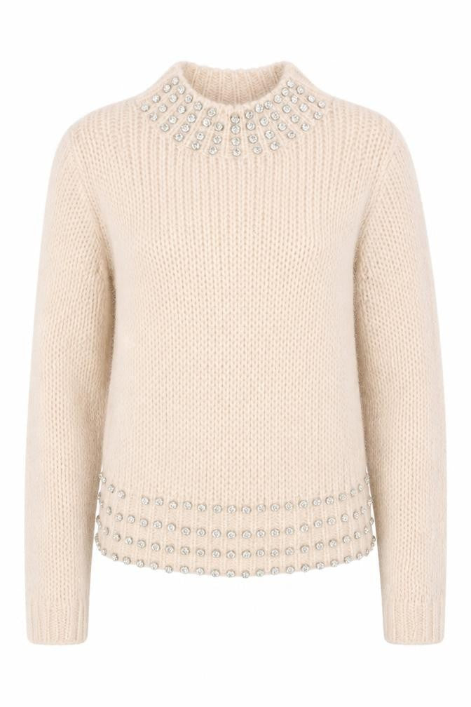 Front view of Miss Selfridge women’s beige round neck acrylic jumper, size UK 6